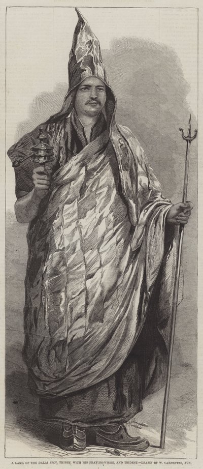 A Lama of the Dalai Sect, Tibet, with his Praying-Wheel and Trident by William Carpenter